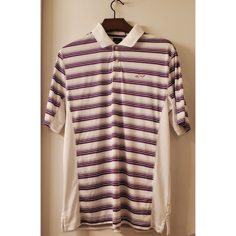 Greg Norman Polo Golf Shirt Tasso Elba  Men's XL White Purple Stripes WPL 8046